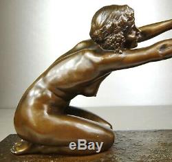 1910/1920 L Alliot Rare Statue Sculpture Art Deco Bronze Nymphe Femme Nue Satyr