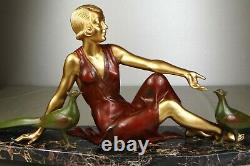 1920/1930 A Godard Grande Belle Statue Sculpture Art Deco Femme Elegante Faisans