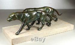 1920/1930 C Ruchot Rare Statue Sculpture Art Deco Animalier Deux Pantheres Felin