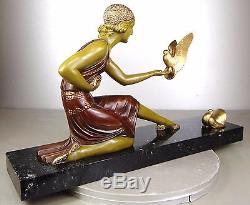 1920/1930 Dh Chiparus Rare Grde Statue Sculpture Art Deco Femme Colombes Oiseaux