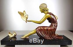 1920/1930 Dh Chiparus Rare Grde Statue Sculpture Art Deco Femme Colombes Oiseaux