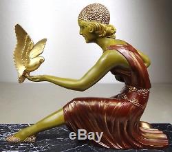 1920/1930 Dh Chiparus Rare Grd Statue Sculpture Art Deco Femme Colombes Elegante