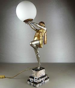 1920/1930 E Carlier Rare Grde Lampe Statue Sculpture Ep. Art Deco Danseuse Femme