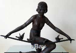 1920/1930 G Arisse Grande Statue Sculpture Art Deco Oiseliere Femme Oiseaux