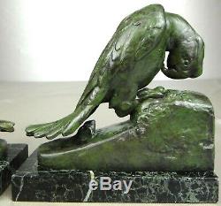 1920/1930 G Van De Voorde Paire Serre-livres Statue Sculpture Art Deco Perroquet