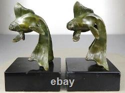 1920/1930 Gr. Garreau Serre-livres Statue Sculpture Ep. Art Deco Bronze Poissons