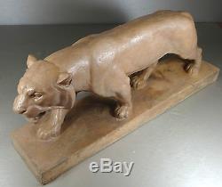 1920/1930 H. Bargas Grande Statue Sculpture Art Deco Panthere Felin Terre Cuite