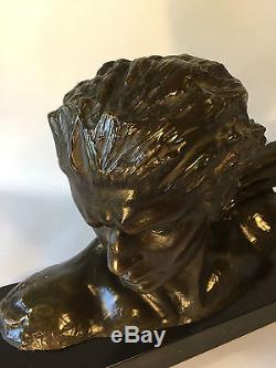 1920/1930 H Gauthiot Rare Statue Sculpture Buste Art Deco Bronze Homme J. Mermoz