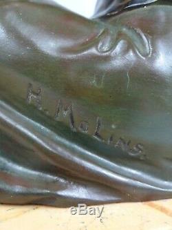 1920/1930 H Molins Suprbe Rare Statue Sculpture Art Deco Elegante Femme Eventail