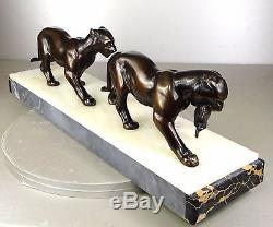 1920/1930 I. Rochard Rare Statue Sculpture Art Deco Deux Pantheres Felins Chasse