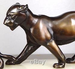 1920/1930 I. Rochard Rare Statue Sculpture Art Deco Deux Pantheres Felins Chasse