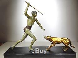 1920/1930 J. Brault Rare Sculpture Statue Bronze Art Deco Chasse Athlete Nu Loup