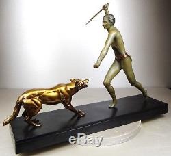 1920/1930 J. Brault Rare Sculpture Statue Bronze Art Deco Chasse Athlete Nu Loup