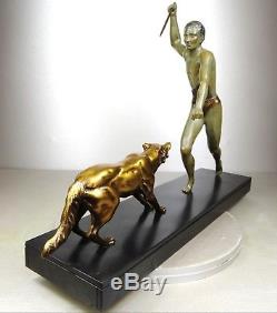 1920/1930 J. Brault Rare Sculpture Statue Bronze Art Deco Chasse Athlete Nu Loup