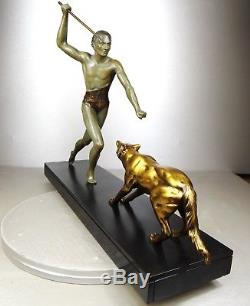 1920/1930 J. Brault Rare Sculpture Statue Bronze Art Deco Chasse Athlete Nu Loup