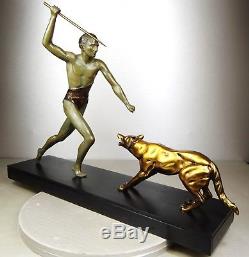 1920/1930 J. Brault Rare Sculpture Statue Bronze Art Deco Chasse Athlete Nu Loup