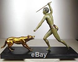 1920/1930 J. Brault Rare Sculpture Statue Bronze Art Deco Chasse Athlete Nu Loup