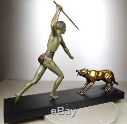 1920/1930 J. Brault Rare Sculpture Statue Bronze Art Deco Chasse Athlete Nu Loup