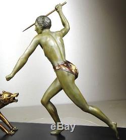 1920/1930 J. Brault Rare Sculpture Statue Bronze Art Deco Chasse Athlete Nu Loup