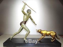 1920/1930 J. Brault Rare Sculpture Statue Bronze Art Deco Chasse Athlete Nu Loup