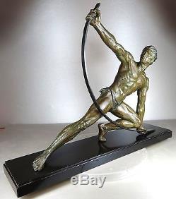 1920/1930 J De Roncourt Grand Statue Sculpture Art Deco Athlete Homme Nu Bandeur