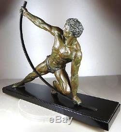 1920/1930 J De Roncourt Grand Statue Sculpture Art Deco Athlete Homme Nu Bandeur