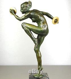 1920/1930 L. Alliot Rare Statue Sculpture Art Deco Bronze Danseuse Nue Cymbales