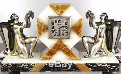 1920/1930 Limousin Pendule Garniture Sculpture Art Deco Danseuses Nues Orientale
