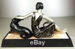 1920/1930 Limousin Rare Spb Statue Sculpture Art Deco Femme Panthere Noire Felin
