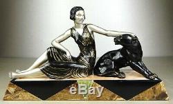 1920/1930 Limousin Rare Spb Statue Sculpture Art Deco Femme Panthere Noire Felin