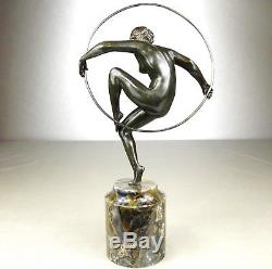 1920/1930 M. Bouraine Rare Statue Sculpture Art Deco Bronze Danseuse Nue Cerceau