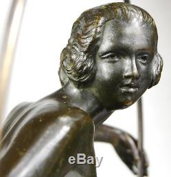 1920/1930 M. Bouraine Rare Statue Sculpture Art Deco Bronze Danseuse Nue Cerceau