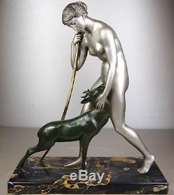 1920/1930 M Guiraud-riviere Rare Statue Sculpture Art Deco Bronze Diane Nue Cerf