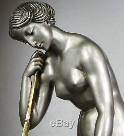1920/1930 M Guiraud-riviere Rare Statue Sculpture Art Deco Bronze Diane Nue Cerf