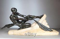 1920/1930 Max Le Verrier Rare Grnde Statue Sculpture Art Deco Athlete Nu Pêcheur