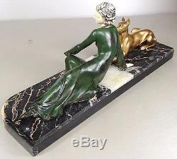 1920/1930 Menneville Rare Statue Sculpture Art Deco Chryselephantine Femme Dogue
