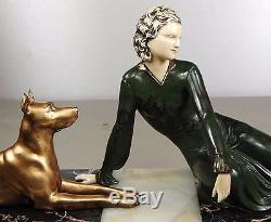 1920/1930 Menneville Rare Statue Sculpture Art Deco Chryselephantine Femme Dogue
