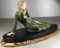 1920/1930 Menneville Rare Statue Sculpture Art Deco Chryselephantine Femme Rose
