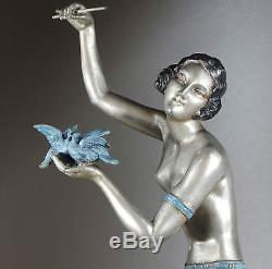 1920/1930 MOLINS RARE GR STATUE SCULPTURE ART DECO DANSEUSE NUE BALLERINE OISEAU