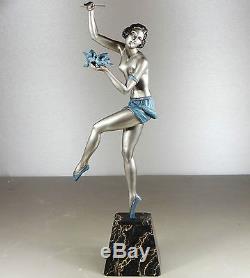 1920/1930 MOLINS RARE GR STATUE SCULPTURE ART DECO DANSEUSE NUE BALLERINE OISEAU