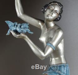 1920/1930 MOLINS RARE GR STATUE SCULPTURE ART DECO DANSEUSE NUE BALLERINE OISEAU