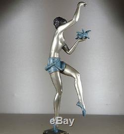 1920/1930 MOLINS RARE GR STATUE SCULPTURE ART DECO DANSEUSE NUE BALLERINE OISEAU