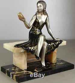 1920/1930 Molins Rare Grde Belle Statue Sculpture Art Deco Femme Elegante Oiseau