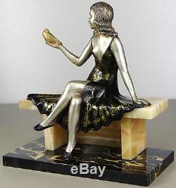 1920/1930 Molins Rare Grde Belle Statue Sculpture Art Deco Femme Elegante Oiseau