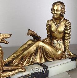 1920/1930 Molins Rare Grde Statue Sculpture Art Deco Femme Elegante Chien Barzoï