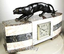 1920/1930 Marti Font Statue Sculpture Pendule Garniture Art Deco Panthere Noire
