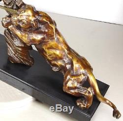 1920/1930 P Berjean Rare Statue Sculpture Art Deco Bronze Dore Chasseur Panthere