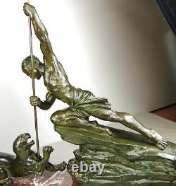 1920/1930 R Varnier Rare Grde Statue Sculpture Art Deco Chasse Panthere Homme Nu