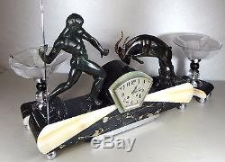1920/1930 S Riolo Garniture Pendule Sculpture Art Deco Chryselephantine Chasseur