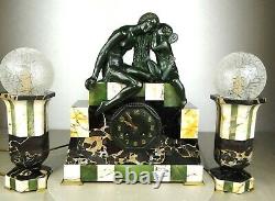1920/1930 Suprb Pendule Garniture Lampes Sculpture Art Deco Bronze Venus Cupidon